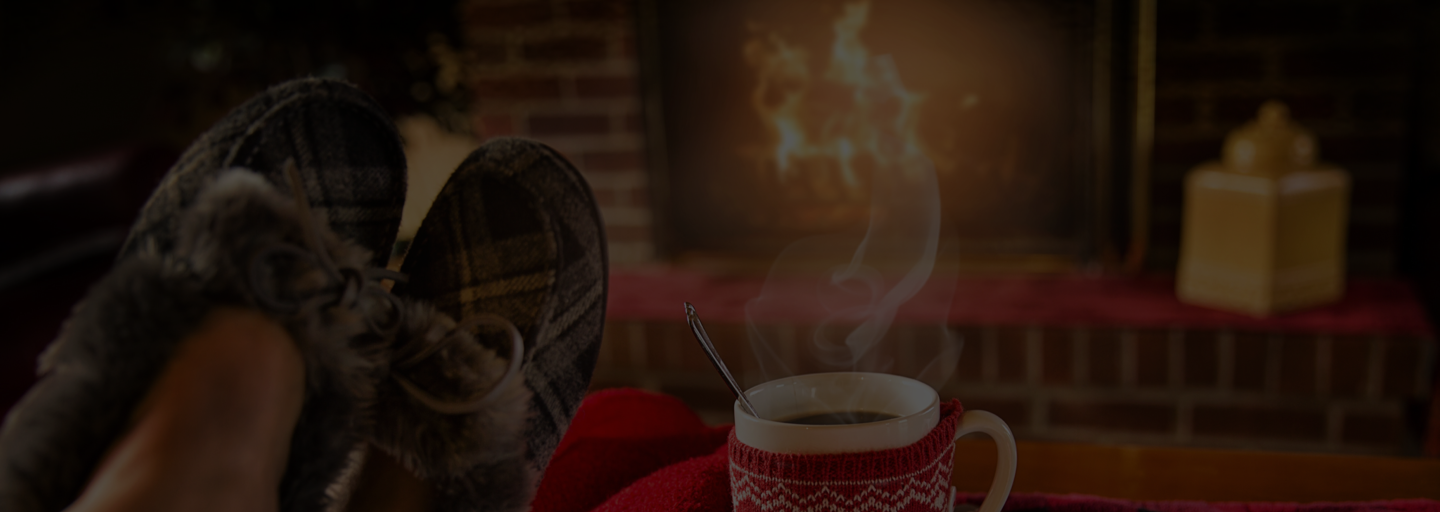 Sitting near Fireplace with Coffee